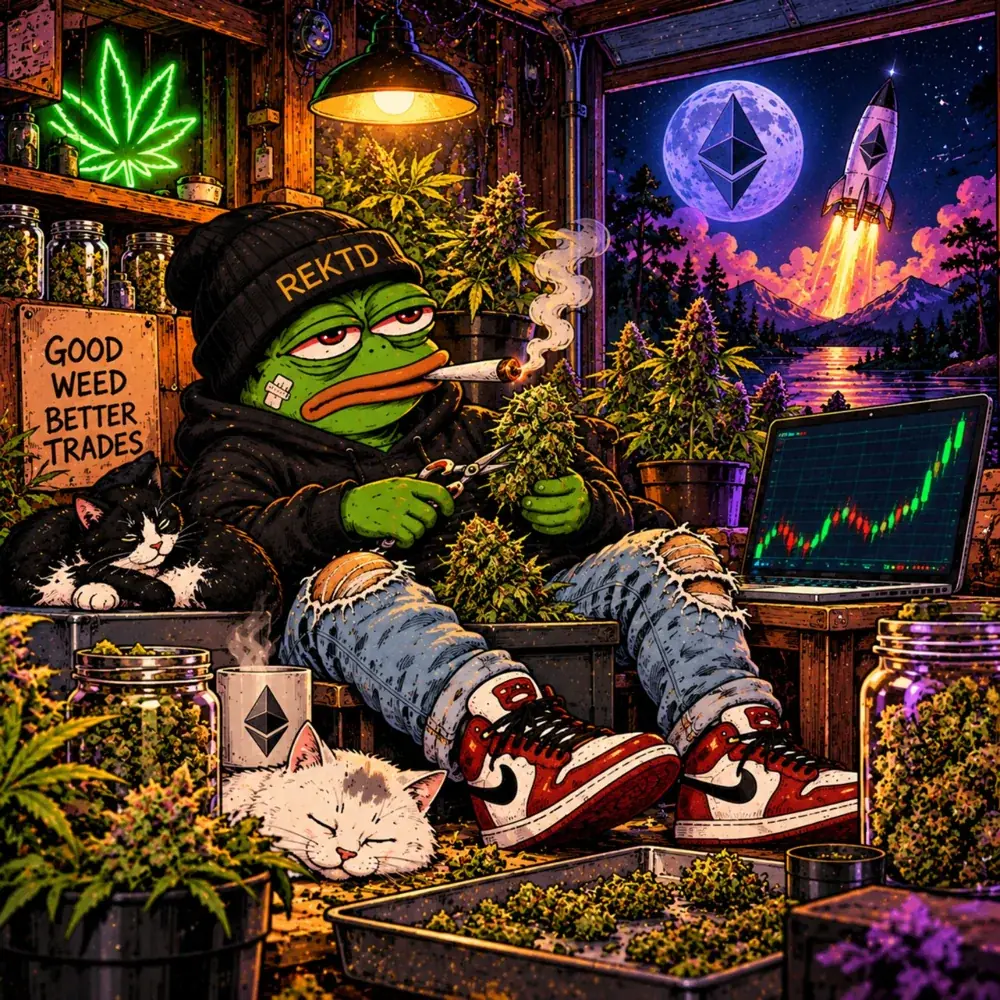 Rick relaxing in his grow room while an Ethereum rocket launches outside