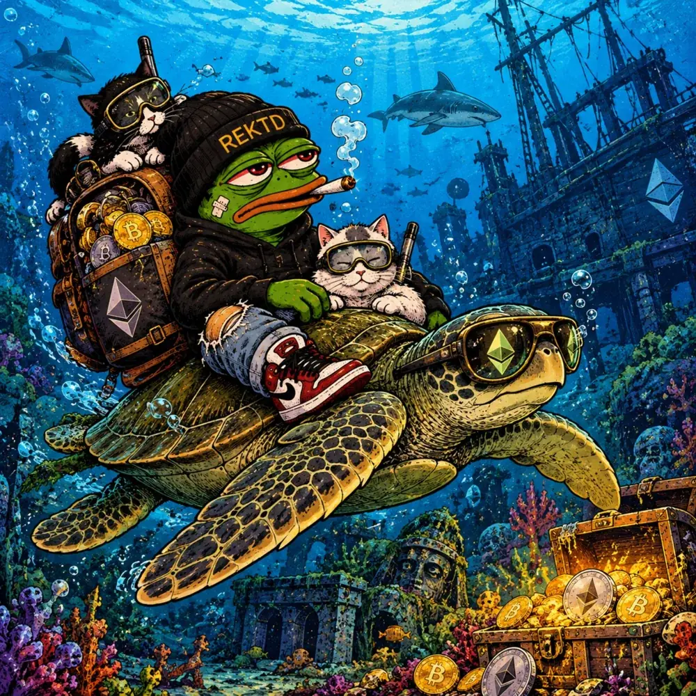 Rick riding a sea turtle to sunken crypto treasure